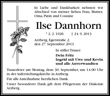 Traueranzeige von Ilse Dannhorn von Frankenpost