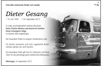 Traueranzeige von Dieter Gesang von Südthüringer Presse
