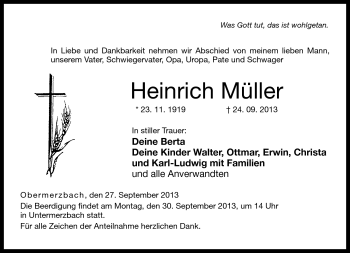 Traueranzeige von Heinrich Müller von Neue Presse Coburg