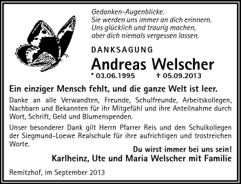 Traueranzeige von Andreas Welscher von Frankenpost