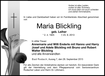 Traueranzeige von Maria Blickling von Neue Presse Coburg