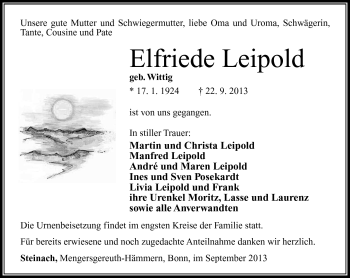 Traueranzeige von Elfriede Leipold von Südthüringer Presse