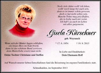 Traueranzeige von Gisela Kürschner von Südthüringer Presse