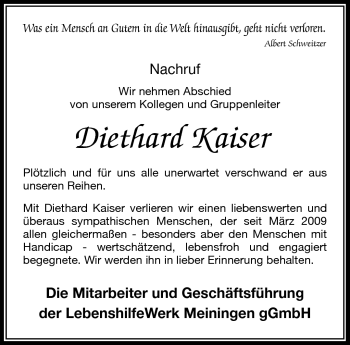Traueranzeige von Diethard Kaiser von Südthüringer Presse