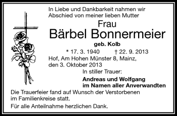Traueranzeige von Bärbel Bonnermeier von Frankenpost