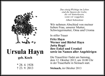 Traueranzeige von Ursula Hayn von Südthüringer Presse
