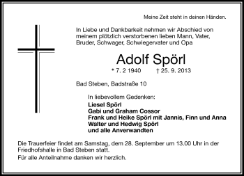 Traueranzeige von Adolf Spörl von Frankenpost
