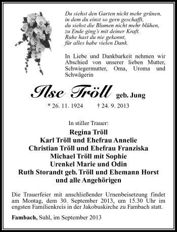 Traueranzeige von Ilse Tröll von Südthüringer Presse