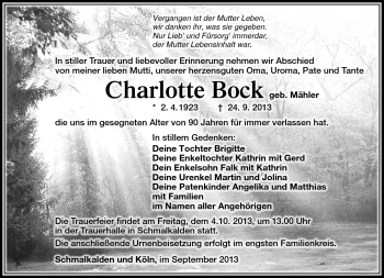 Traueranzeige von Charlotte Bock von Südthüringer Presse