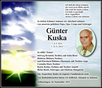 Traueranzeige von Günter Kuska von Südthüringer Presse