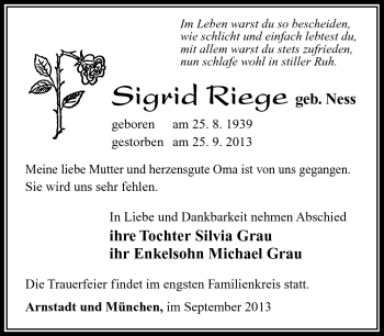 Traueranzeige von Sigird Riege von Südthüringer Presse