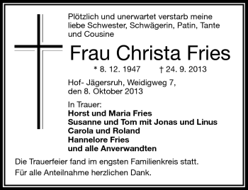 Traueranzeige von Christa Fries von Frankenpost