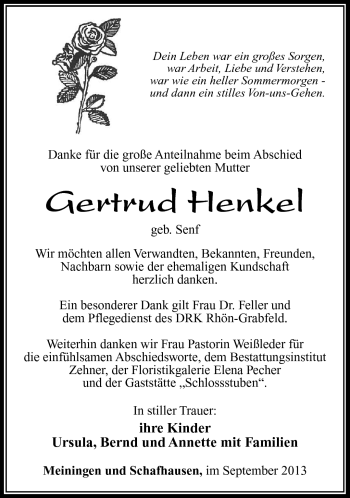 Traueranzeige von Gertrud Henkel von Südthüringer Presse
