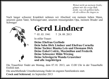 Traueranzeige von Gerd Lindner von Südthüringer Presse