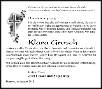 Traueranzeige von Klara Grosch von Südthüringer Presse