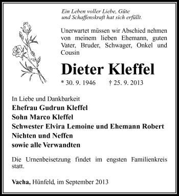 Traueranzeige von Dieter Kleffel von Südthüringer Presse