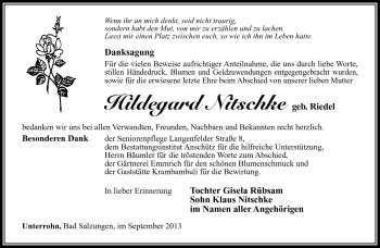 Traueranzeige von Hildegard Nitschke von Südthüringer Presse