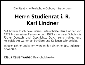 Traueranzeige von Karl Lindner von Neue Presse Coburg