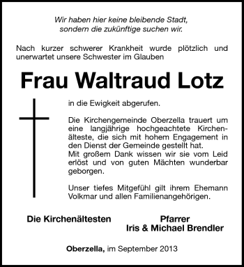 Traueranzeige von Waltraud Lotz von Südthüringer Presse