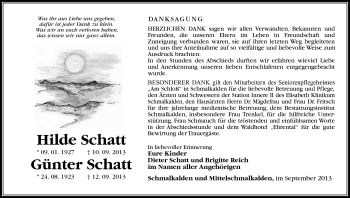 Traueranzeige von Hilde und Günter Schatt von Südthüringer Presse