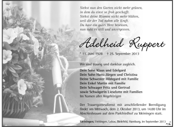 Traueranzeige von Adelheid Ruppert von Südthüringer Presse