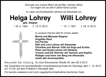 Traueranzeige von HelgaWilli LohreyLohrey von Neue Presse Coburg
