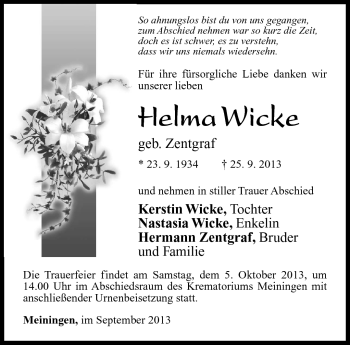 Traueranzeige von Helma Wicke von Südthüringer Presse