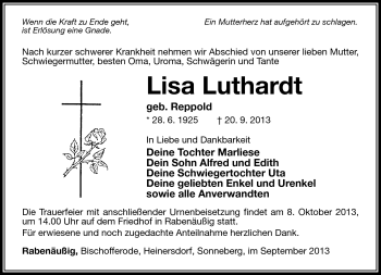 Traueranzeige von Lisa Luthardt von Südthüringer Presse