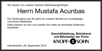 Traueranzeige von Mustafa Acunbas von Frankenpost