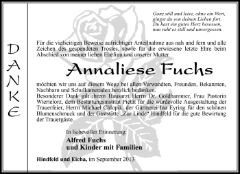 Traueranzeige von Annaliese Fuchs von Südthüringer Presse