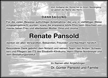Traueranzeige von Renate Pansold von Südthüringer Presse