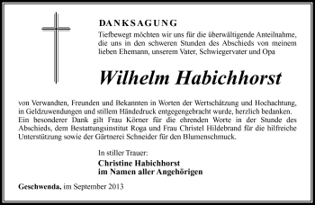 Traueranzeige von Wilhelm Habichhorst von Südthüringer Presse