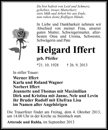 Traueranzeige von Helgard Iffert von Südthüringer Presse