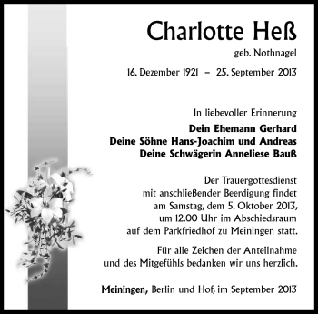 Traueranzeige von Charlotte Heß von Südthüringer Presse