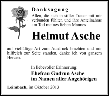 Traueranzeige von Helmut Asche von Südthüringer Presse