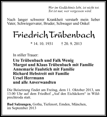 Traueranzeige von Friedrich Trübenbach von Südthüringer Presse
