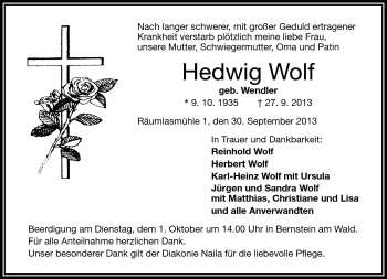 Traueranzeige von Hedwig Wolf von Frankenpost