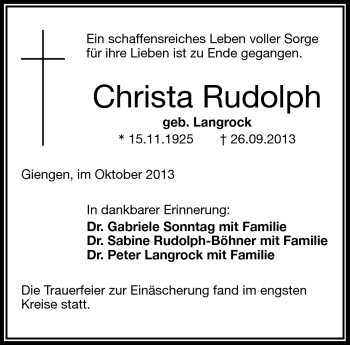 Traueranzeige von Christa Rudolph von Frankenpost