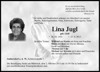 Traueranzeige von Lina Jugl von Neue Presse Coburg