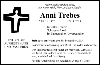 Traueranzeige von Anni Trebes von Neue Presse Coburg