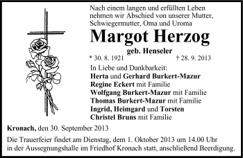 Traueranzeige von Margot Herzog von Neue Presse Coburg