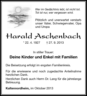 Traueranzeige von Harald Aschenbach von Südthüringer Presse