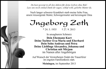 Traueranzeige von Ingeborg Zeth von Südthüringer Presse