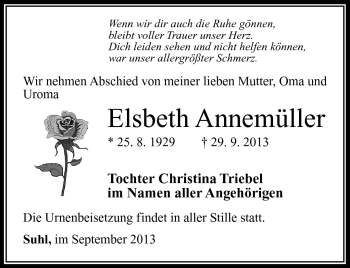 Traueranzeige von Elsbeth Annemüller von Südthüringer Presse