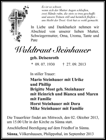 Traueranzeige von Waltraut Steinhauer von Südthüringer Presse