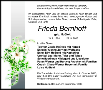 Traueranzeige von Frieda Bernhoff von Südthüringer Presse