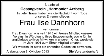 Traueranzeige von Ilse Dannhorn von Frankenpost