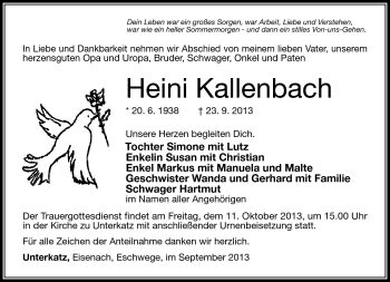 Traueranzeige von Heini Kallenbach von Südthüringer Presse