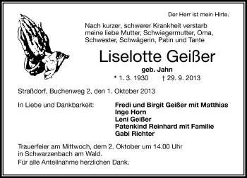 Traueranzeige von Liselotte Geißer von Frankenpost