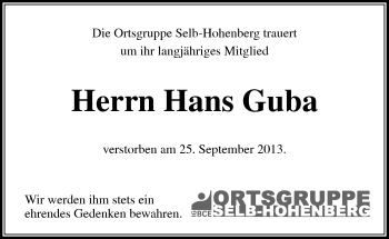 Traueranzeige von Hans Guba von Frankenpost